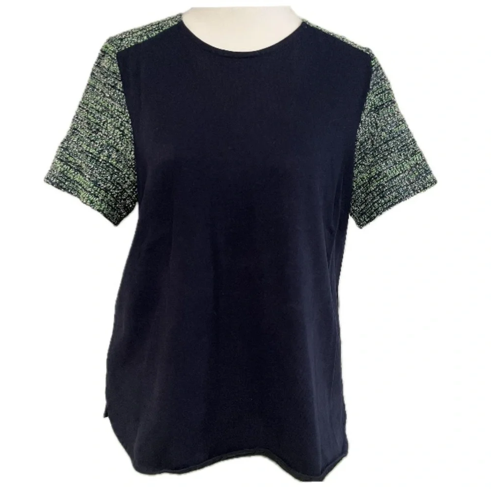 J.Crew Navy & Green Tweed Sleeve Top, Size M
